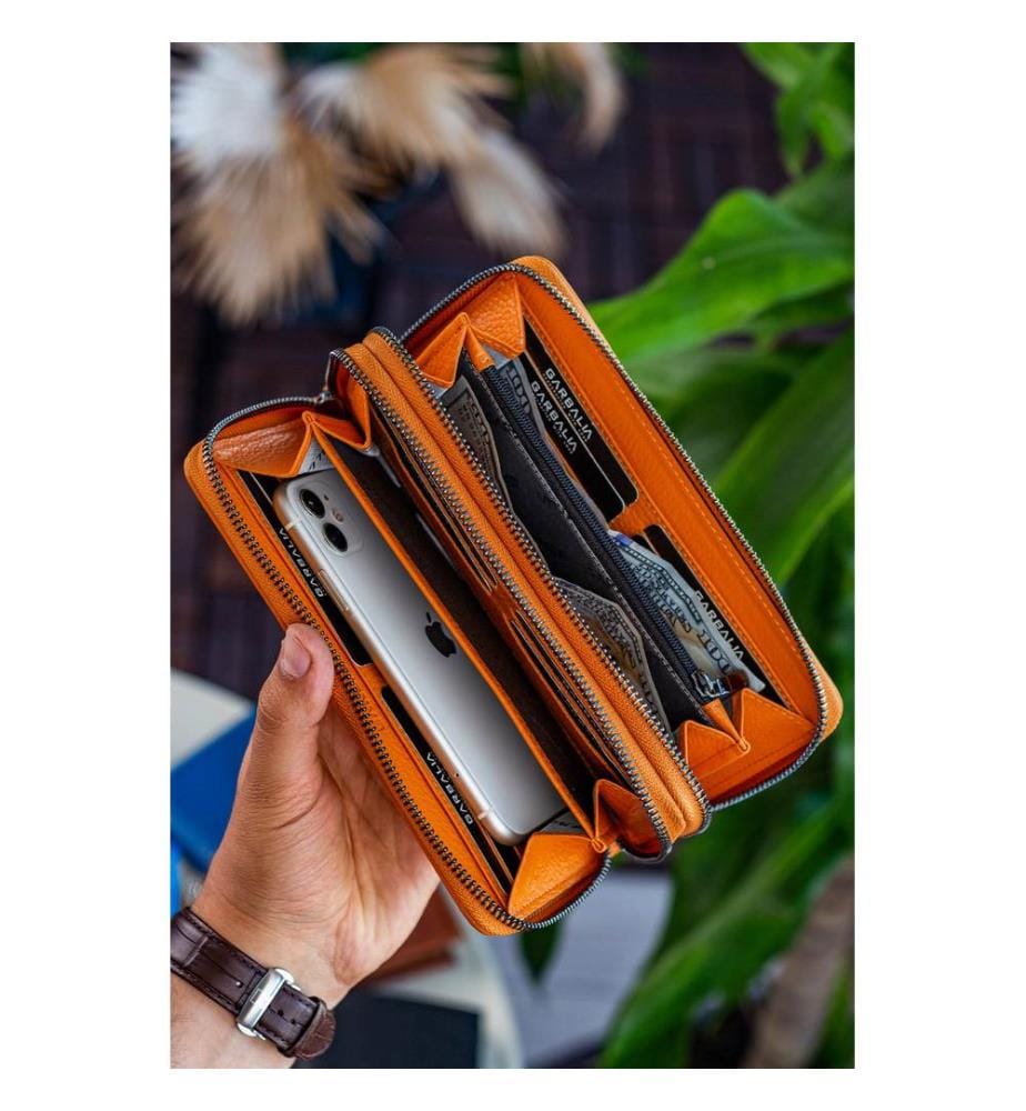 Unisex-Geldbörse, 100 % echtes Leder, Orange