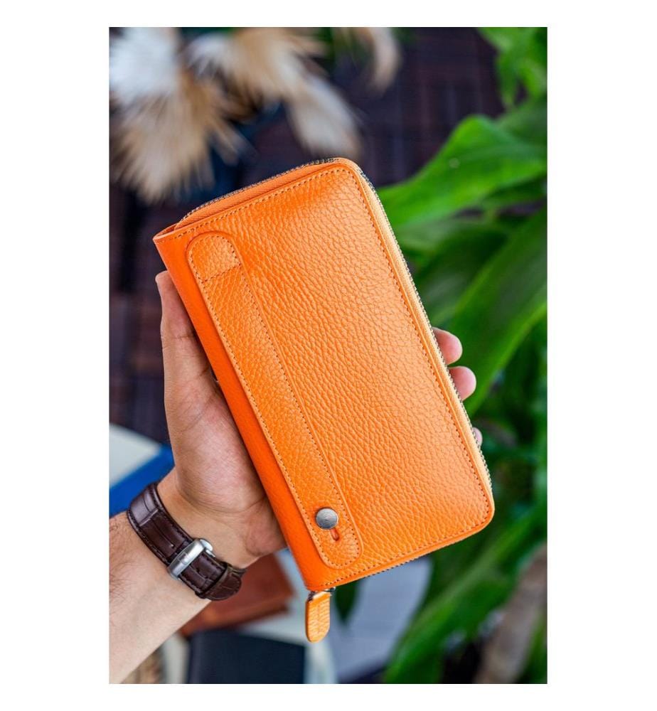 Unisex-Geldbörse, 100 % echtes Leder, Orange