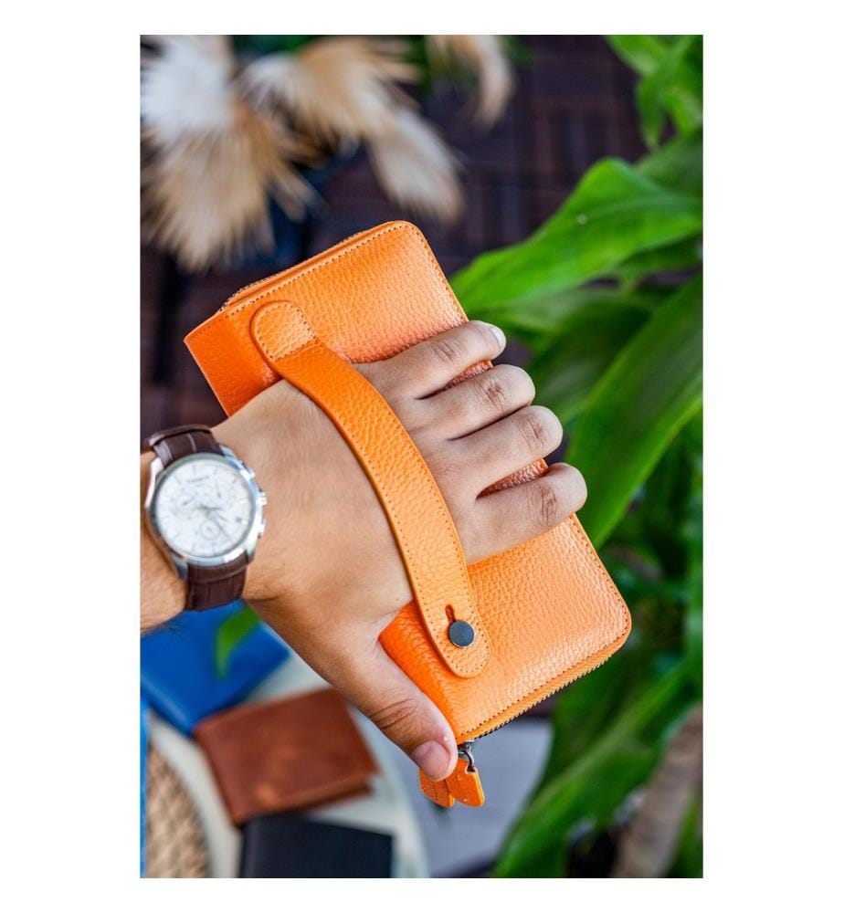 Unisex-Geldbörse, 100 % echtes Leder, Orange