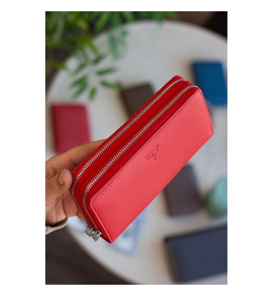 Portefeuille unisexe, 100 % cuir véritable, rouge