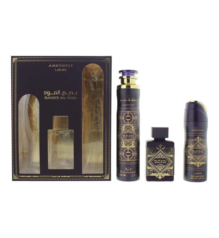 Coffret 3 pièces Bade'e Al Oud Amethyst : Eau de Parfum - 100 ml / - 300 ml / Vaporisateur parfumé - 200 ml