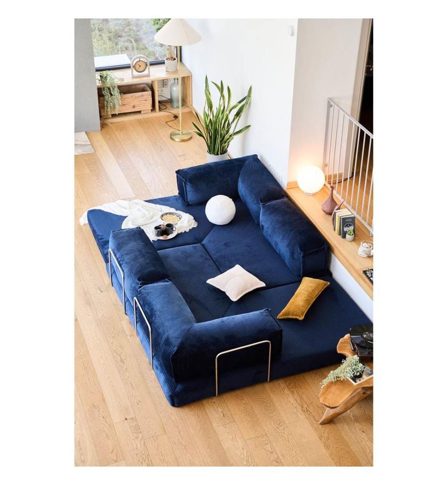 Corner Sofa-Bed, 100% RIBBED PLUSH FABRIC, Navy Blue