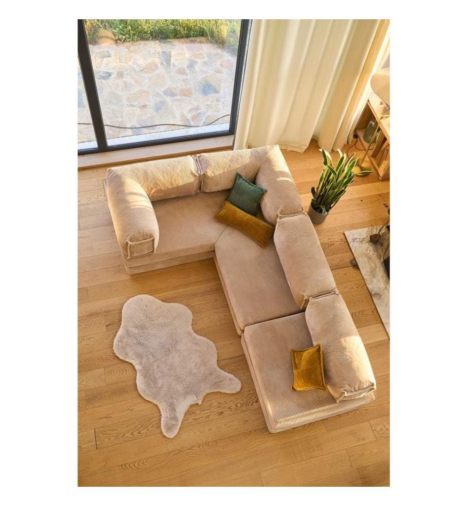 Divano letto angolare, tessuto felpato a coste 100%, beige