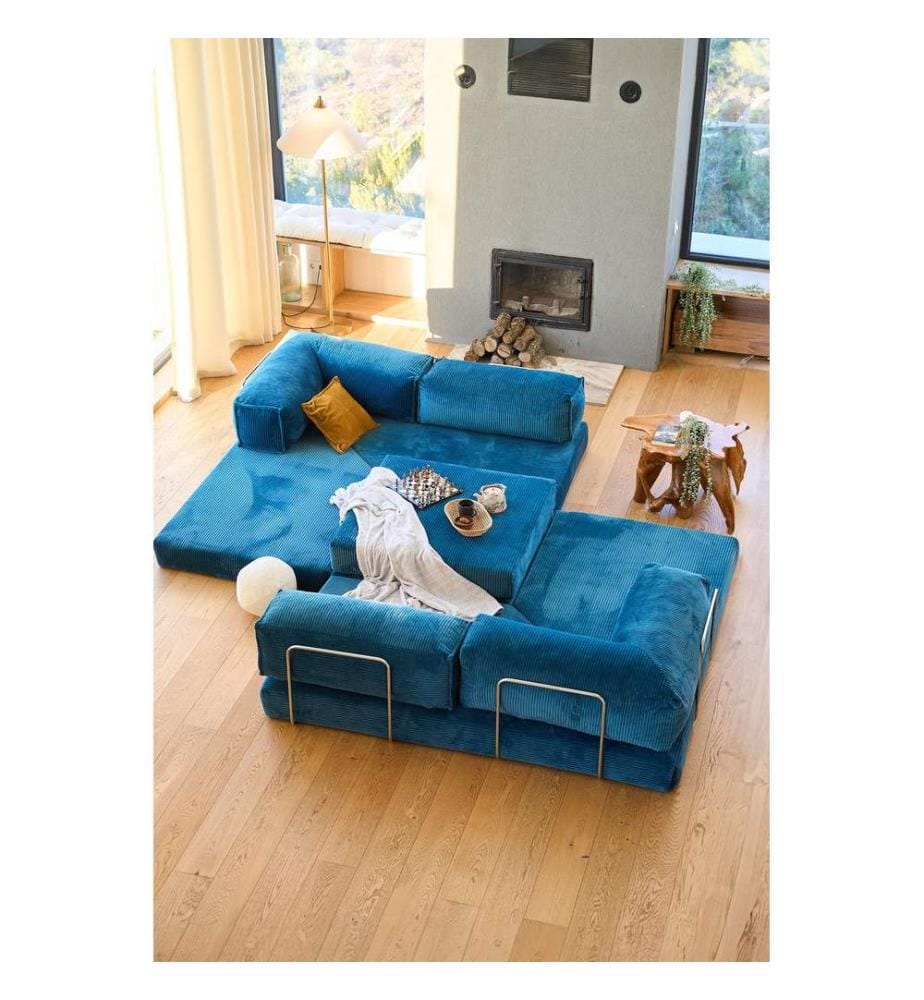 Corner Sofa-Bed, 100% RIBBED PLUSH FABRIC, Indigo