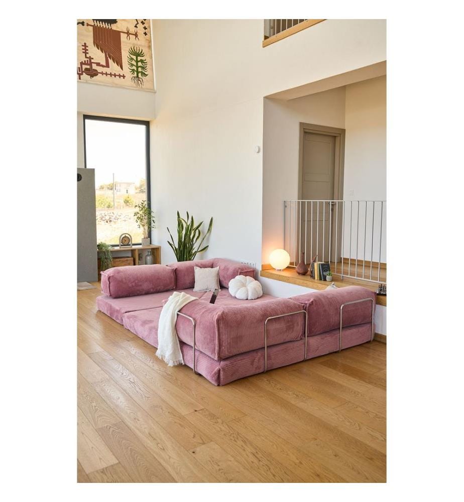 Corner Sofa-Bed, 100% RIBBED PLUSH FABRIC, Pink