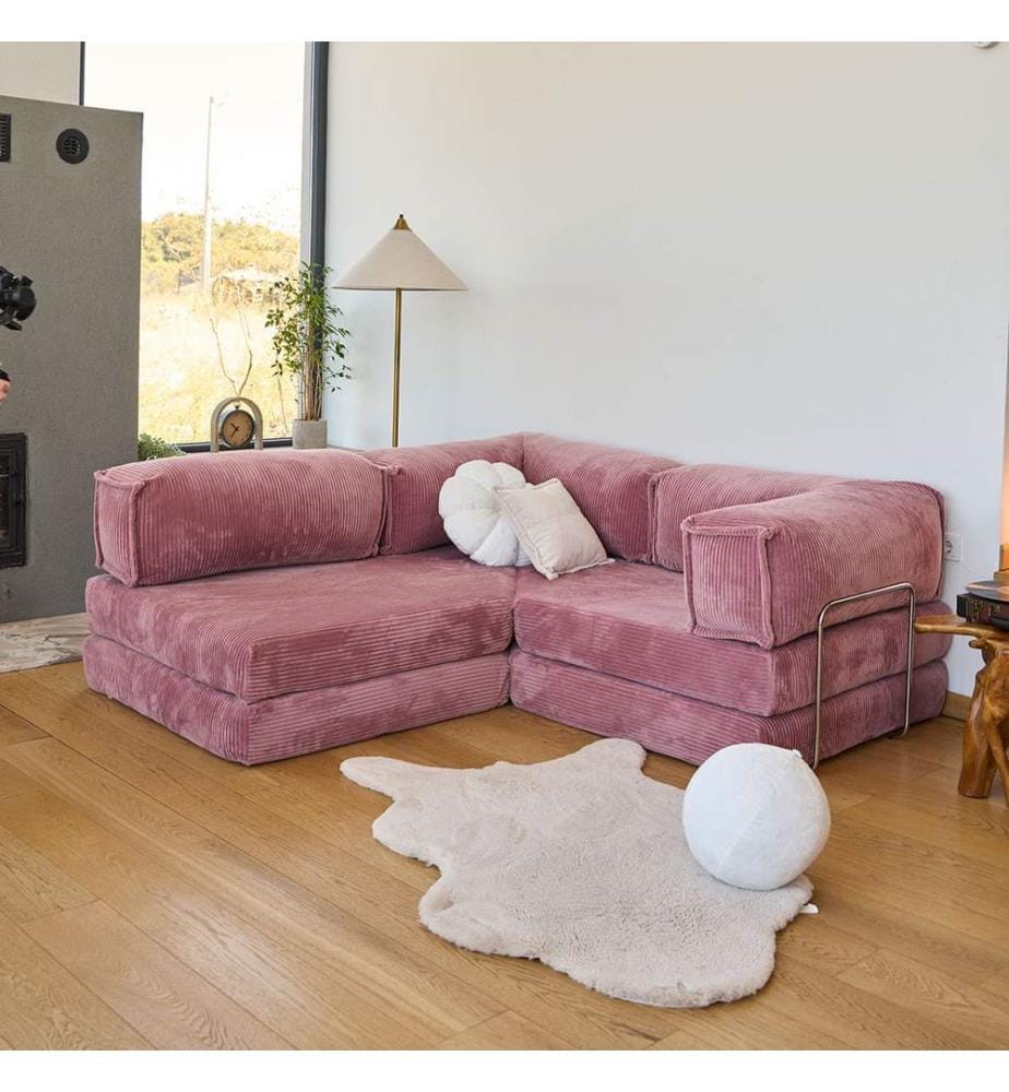 Corner Sofa-Bed, 100% RIBBED PLUSH FABRIC, Pink