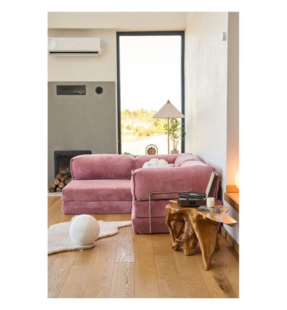 Corner Sofa-Bed, 100% RIBBED PLUSH FABRIC, Pink