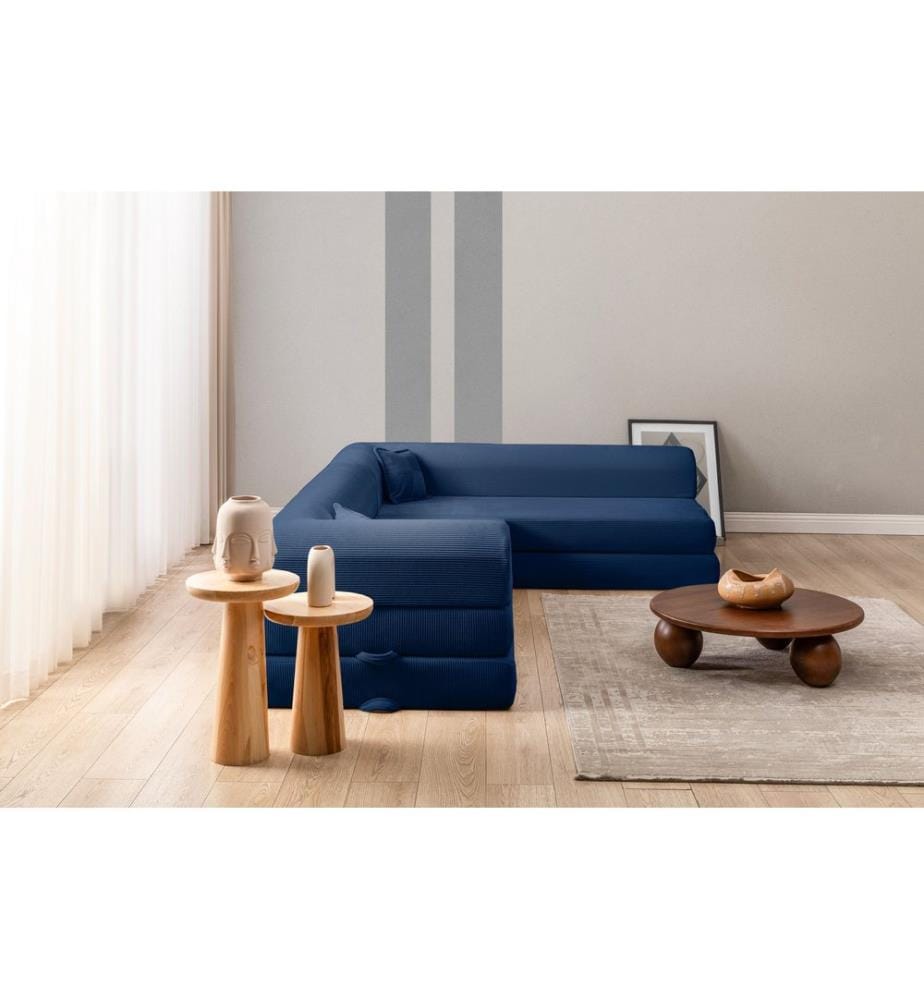 Corner Sofa-Bed, 100% RIBBED PLUSH FABRIC, Navy Blue