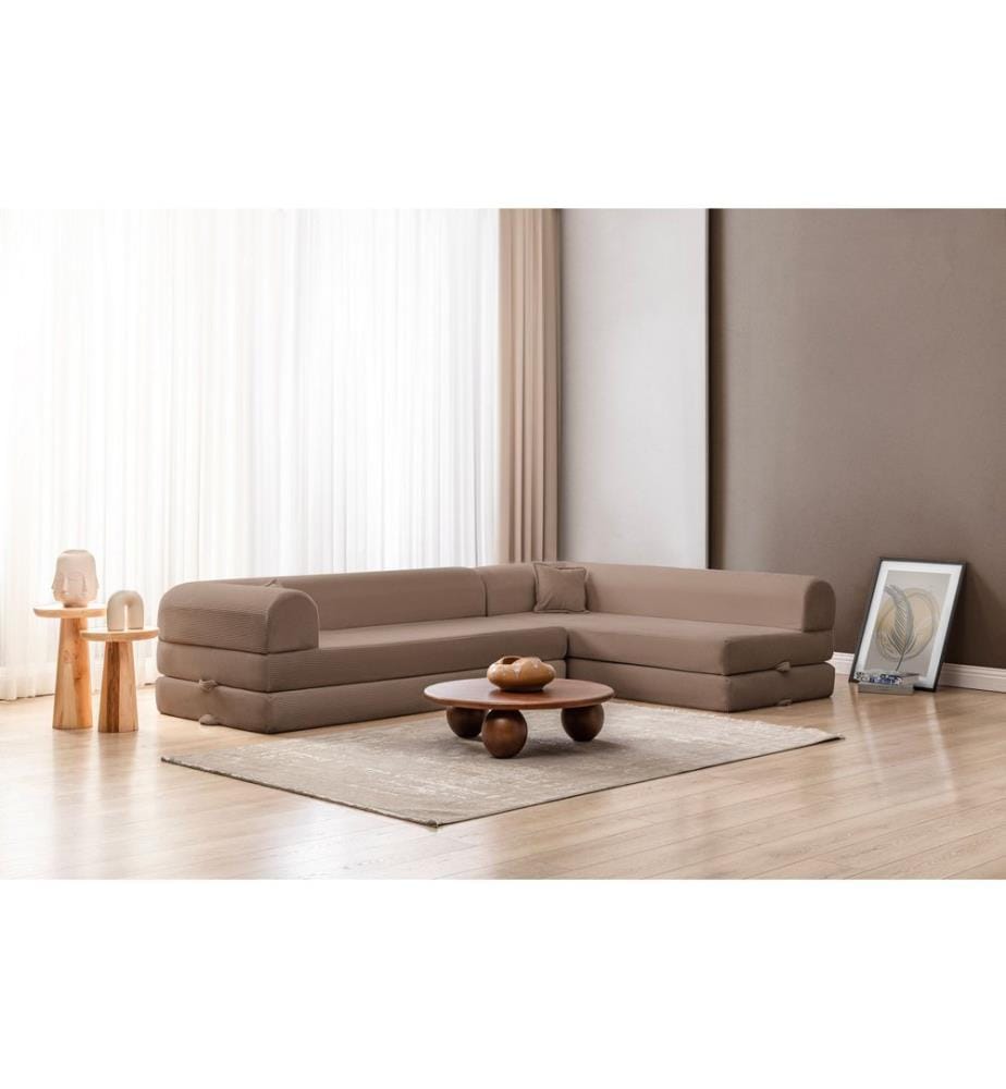 Divano letto angolare, tessuto felpato a coste 100%, beige