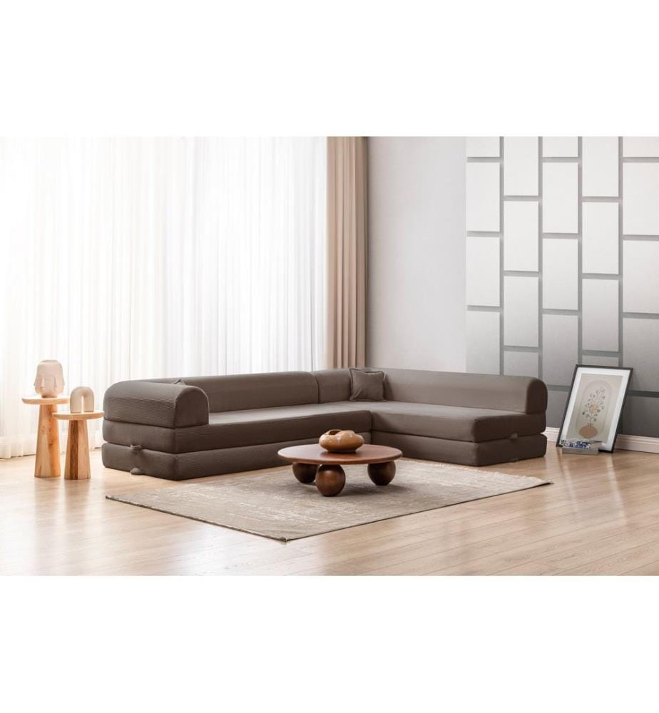 Corner Sofa-Bed, 100% RIBBED PLUSH FABRIC, Brown