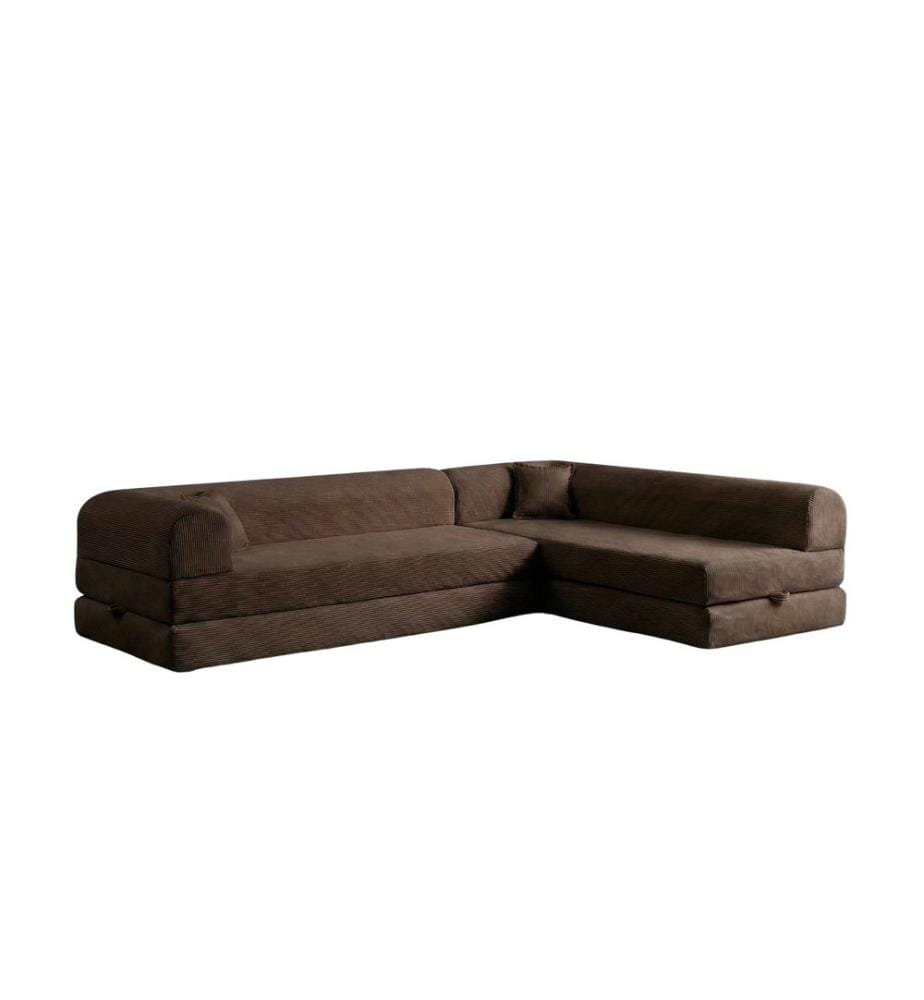 Corner Sofa-Bed, 100% RIBBED PLUSH FABRIC, Brown
