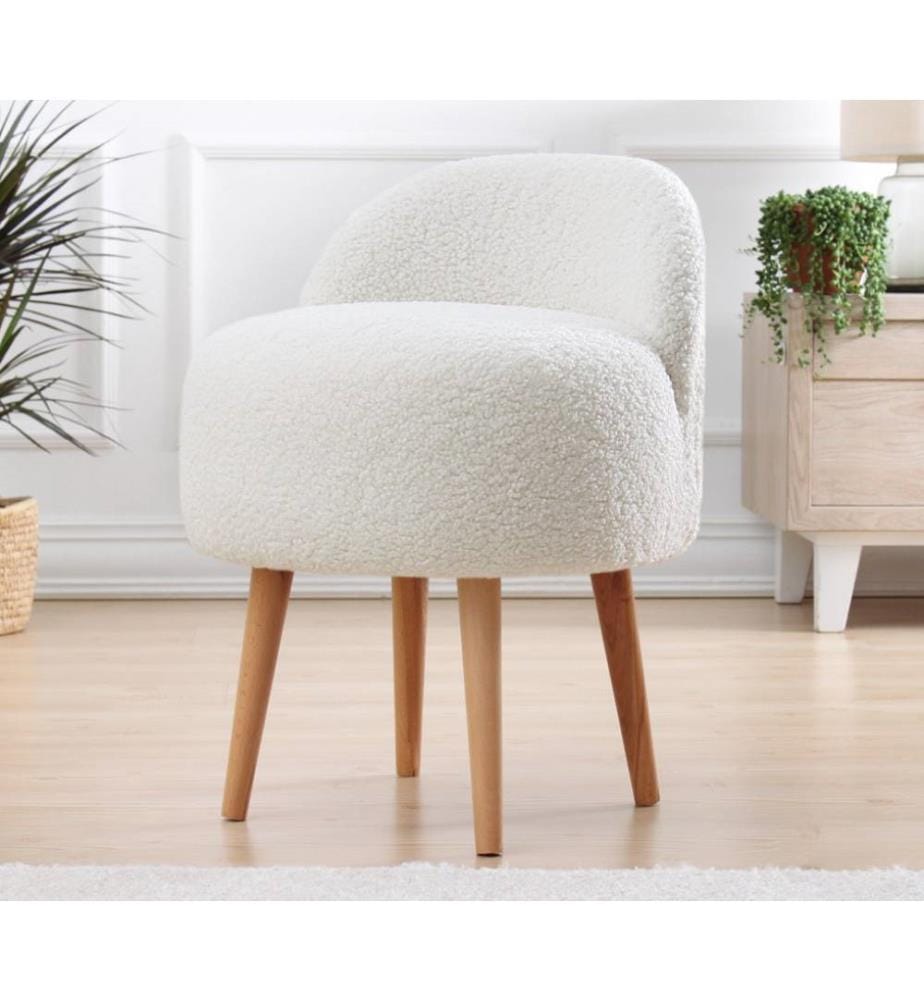 Pouffe, White, Faux Fur, Wooden Legs