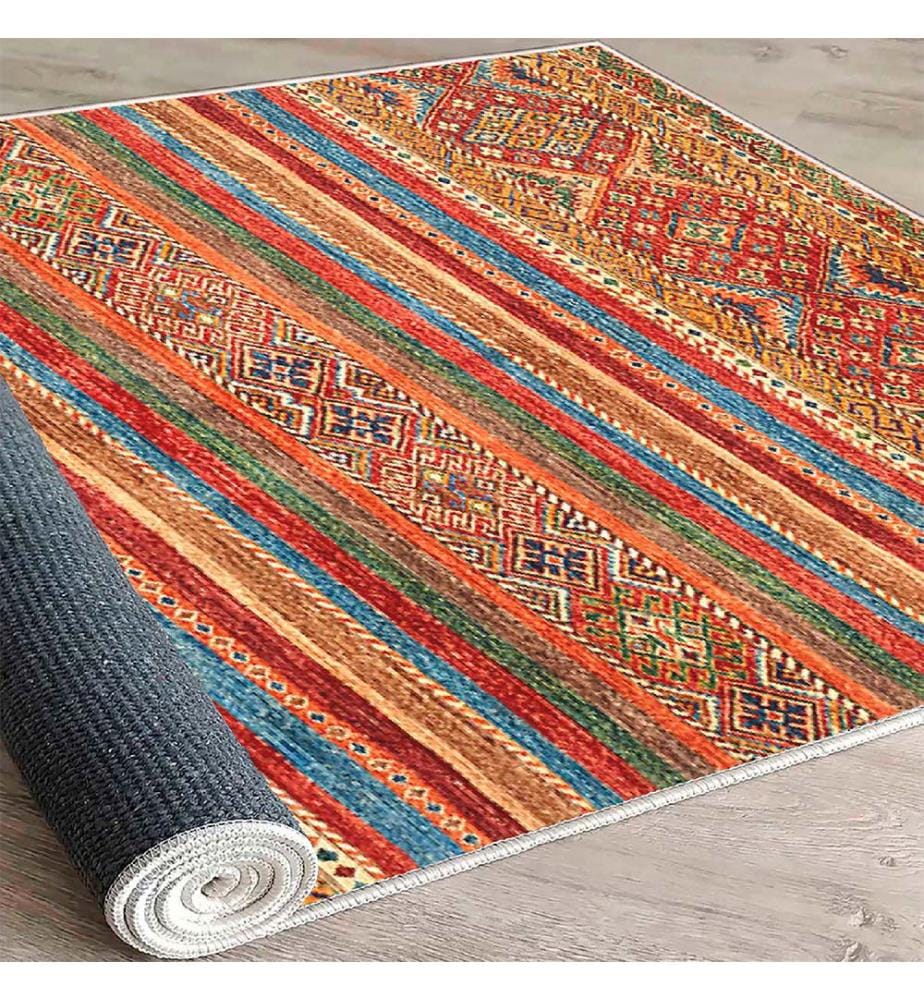 Teppich, Creme, Rot, Orange, Camel, Blau, 100 % Baumwolle, 80 x 50 cm