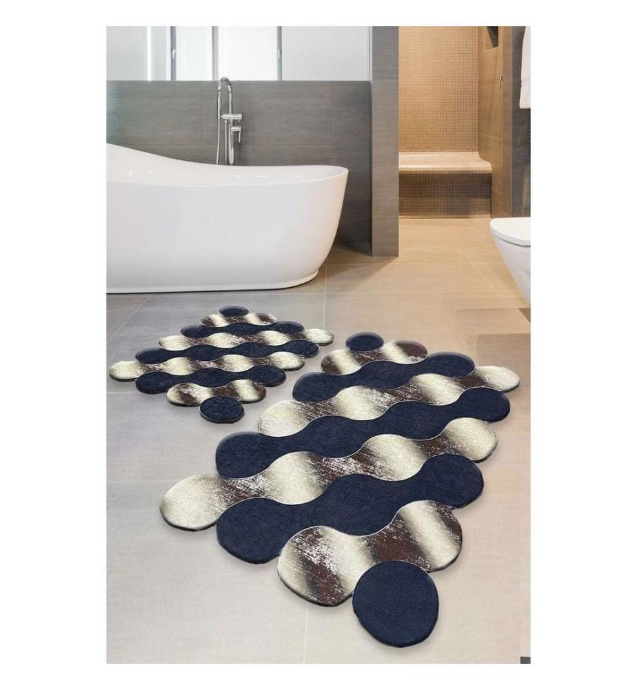 Badematten-Set, 2-teilig, Dunkelblau, Gold, Beige, 100 % Polyester