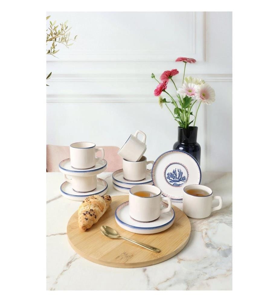 Teetassen-Set (12-teilig) – weiss und marineblau