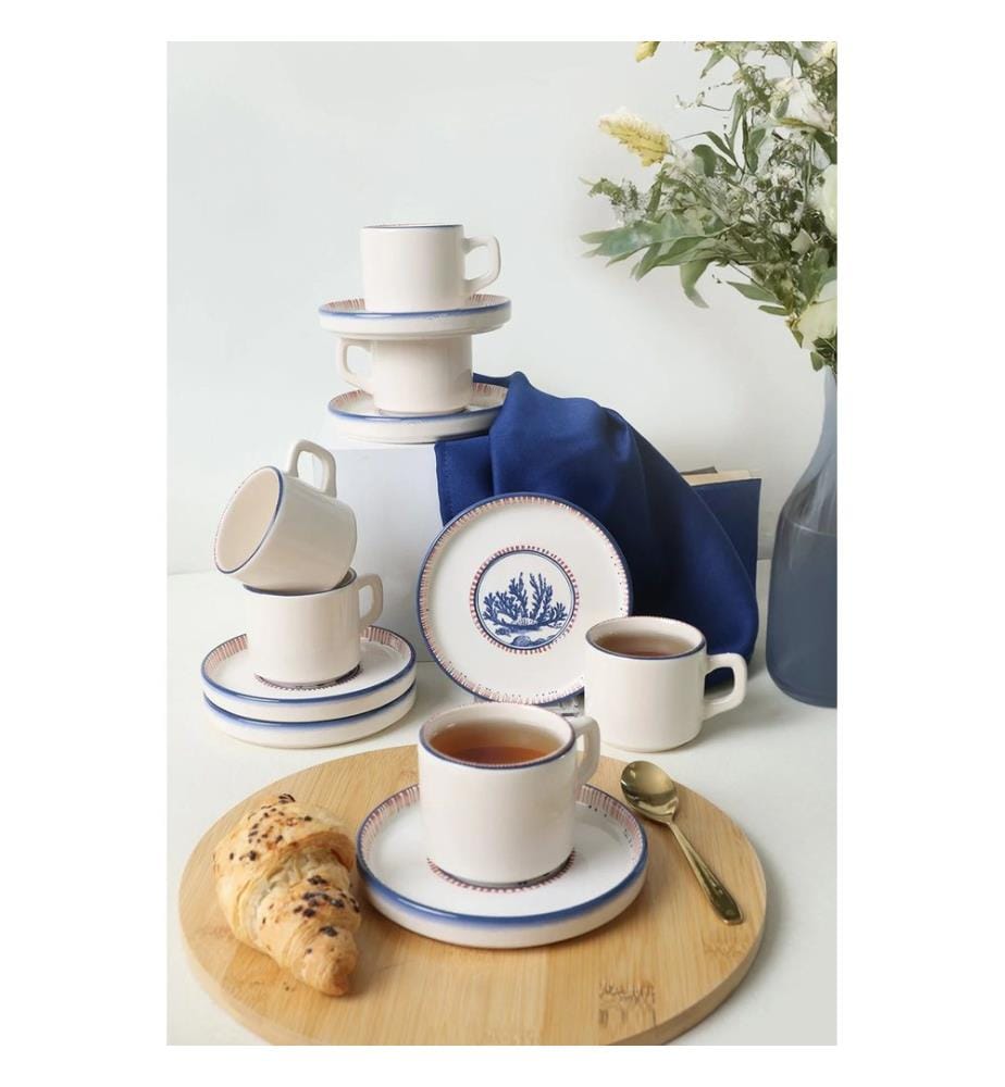 Teetassen-Set (12-teilig) – weiss und marineblau