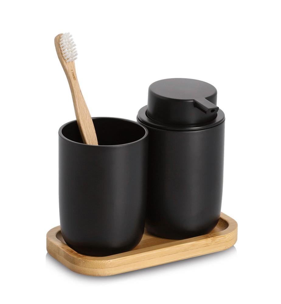 Bad-Accessoires-Set, 3-tlg., Kunststoff/Bambus,