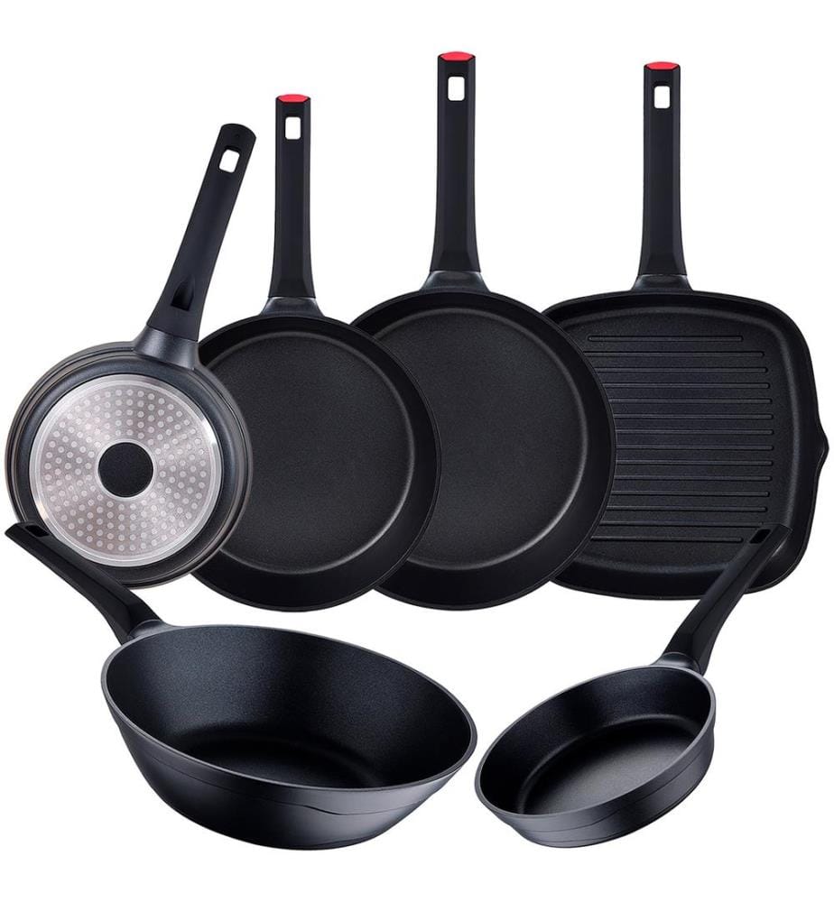 6-teiliges Set aus Pfanne, Wok und Grillpfanne - Schwarz