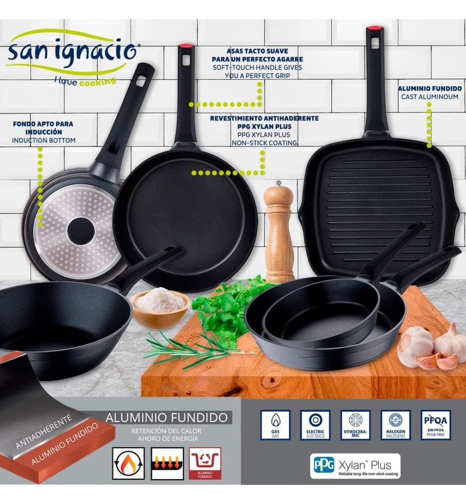 6-teiliges Set aus Pfanne, Wok und Grillpfanne - Schwarz