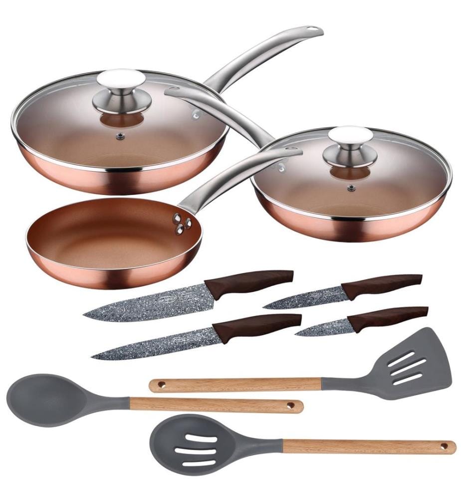 Ensemble de 5 poêles à frire en aluminium pressé (avec couvercles) compatibles induction, accompagné d'un ensemble de 3 ustensiles de cuisine en silicone et bois et d'un ensemble de 4 couteaux en acier inoxydable