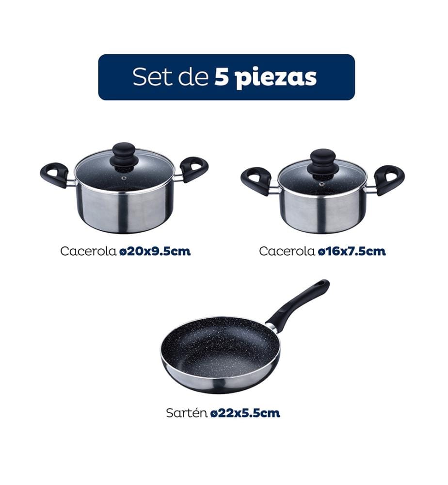 Set di pentole da 5 pezzi in alluminio pressato + set di padelle Ø16, Ø20, Ø24 in alluminio pressato San Ignacio","detected_source_language":"FR