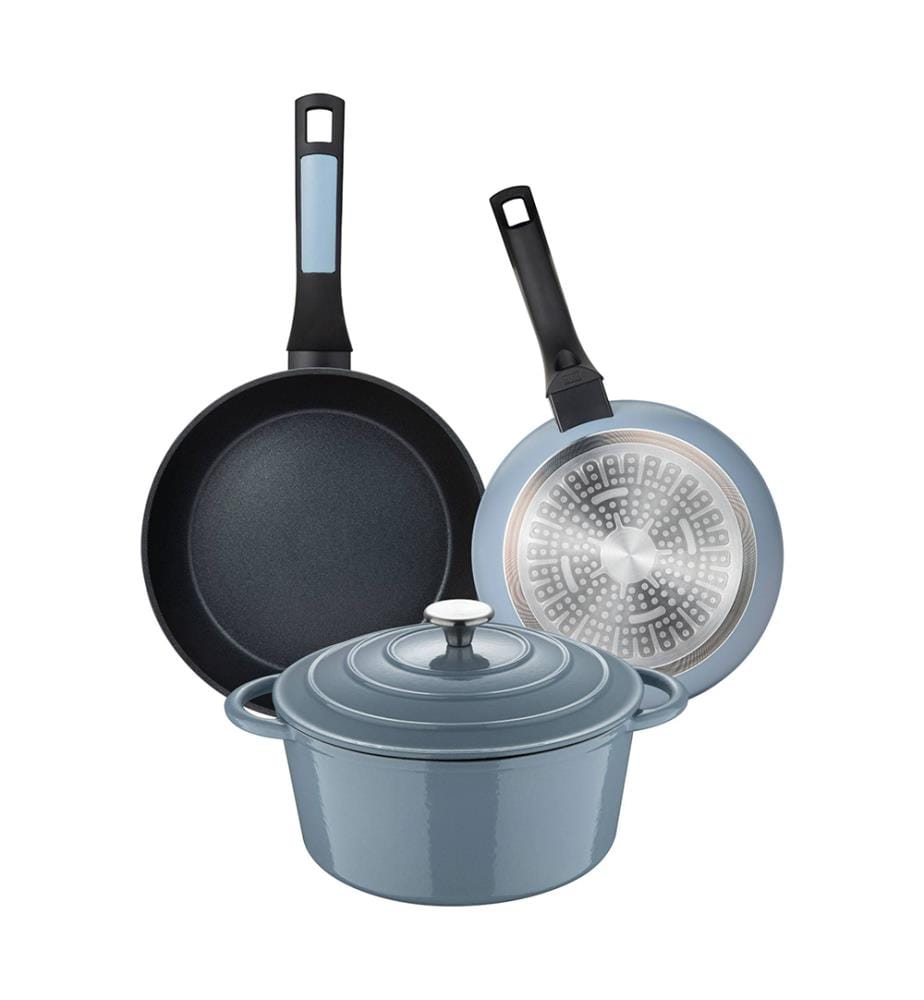 Set composto da 2 padelle Ø20Ø26 cm in alluminio pressofuso + casseruola con coperchio Ø25,5x12 cm (5 L) in ghisa, blu, NOIA San Ignacio","detected_source_language":"FR