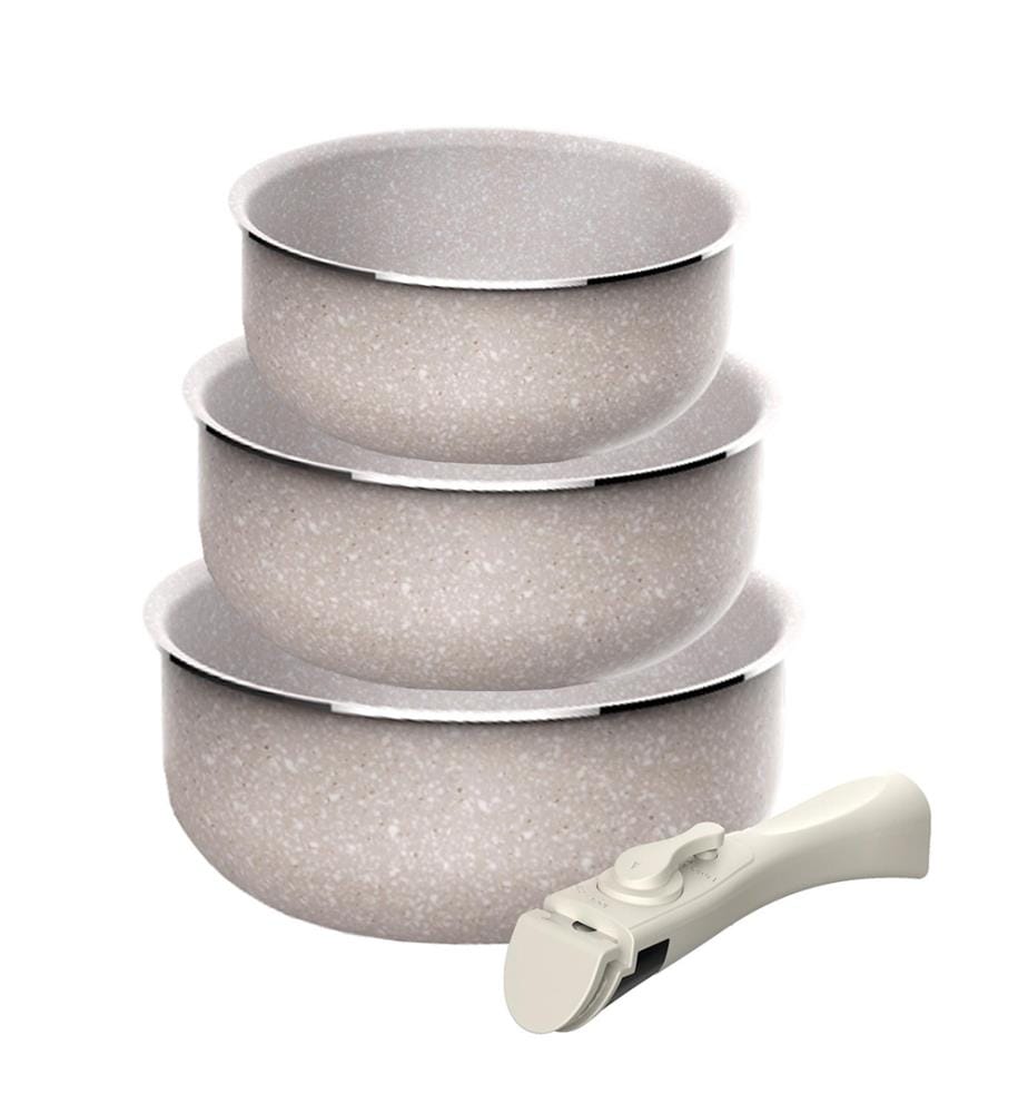 Ensemble de 3 casseroles Ø16Ø18Ø20 cm en aluminium pressé, revêtement antiadhésif ILAG, poignée amovible, compatible induction, sans PFOA, compatible lave-vaisselle et four.