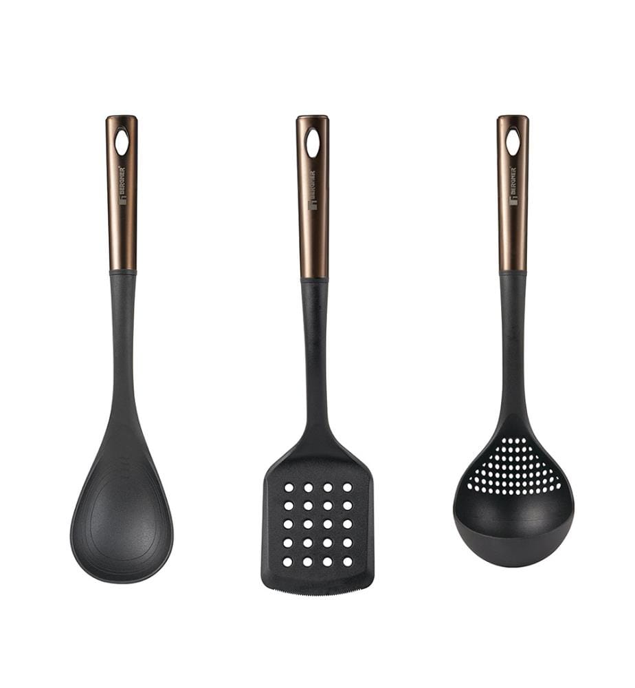 Bergner-Küchenutensilien-Set aus Kupfer (3-teilig): durchbrochener Pfannenwender, Löffel und Schöpflöffel aus schwarzem PBT und Kupfer","detected_source_language":"FR