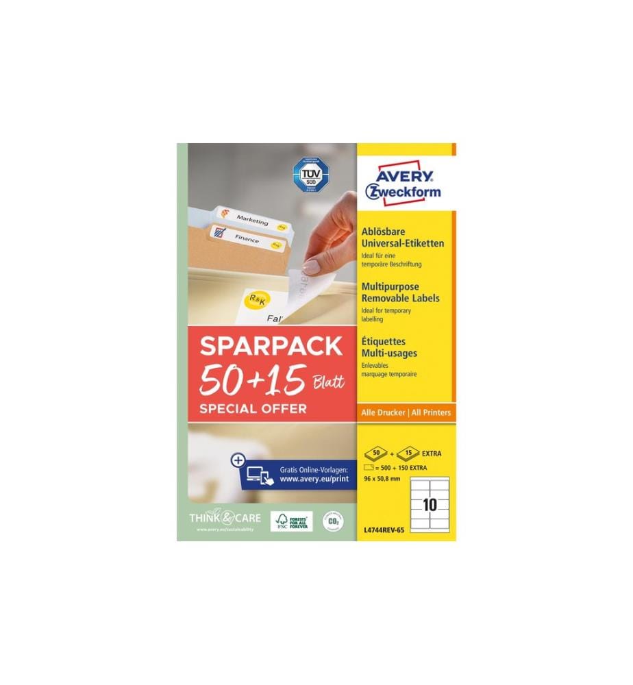 Avery Zweckform Universal-Etiketten L4744REV-65, 96 x 50.8 mm, 65 Blatt