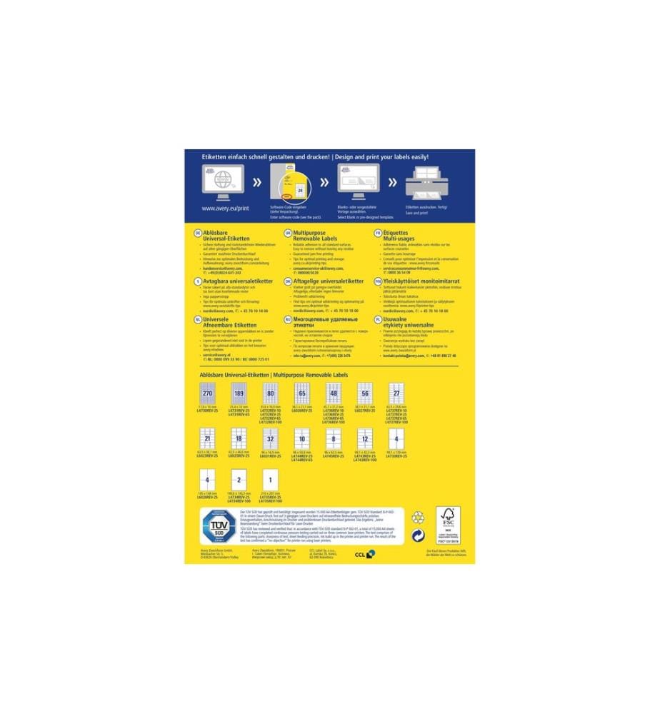 Avery Zweckform Universal-Etiketten L4744REV-65, 96 x 50.8 mm, 65 Blatt