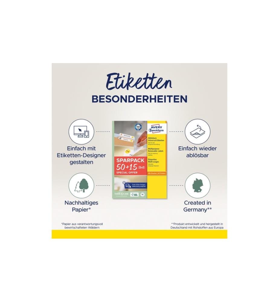 Avery Zweckform Universal-Etiketten L4744REV-65, 96 x 50.8 mm, 65 Blatt