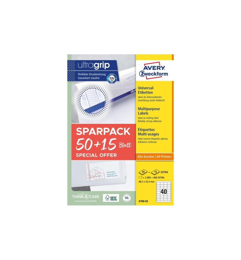 Avery Zweckform Universal-Etiketten 4780-65, 48.5 x 25.4 mm, 65 Blatt