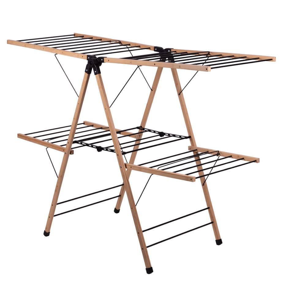 Metal Clotheshorse - Bamboo 155 x 62 x 111 cm - Black, Natural wood