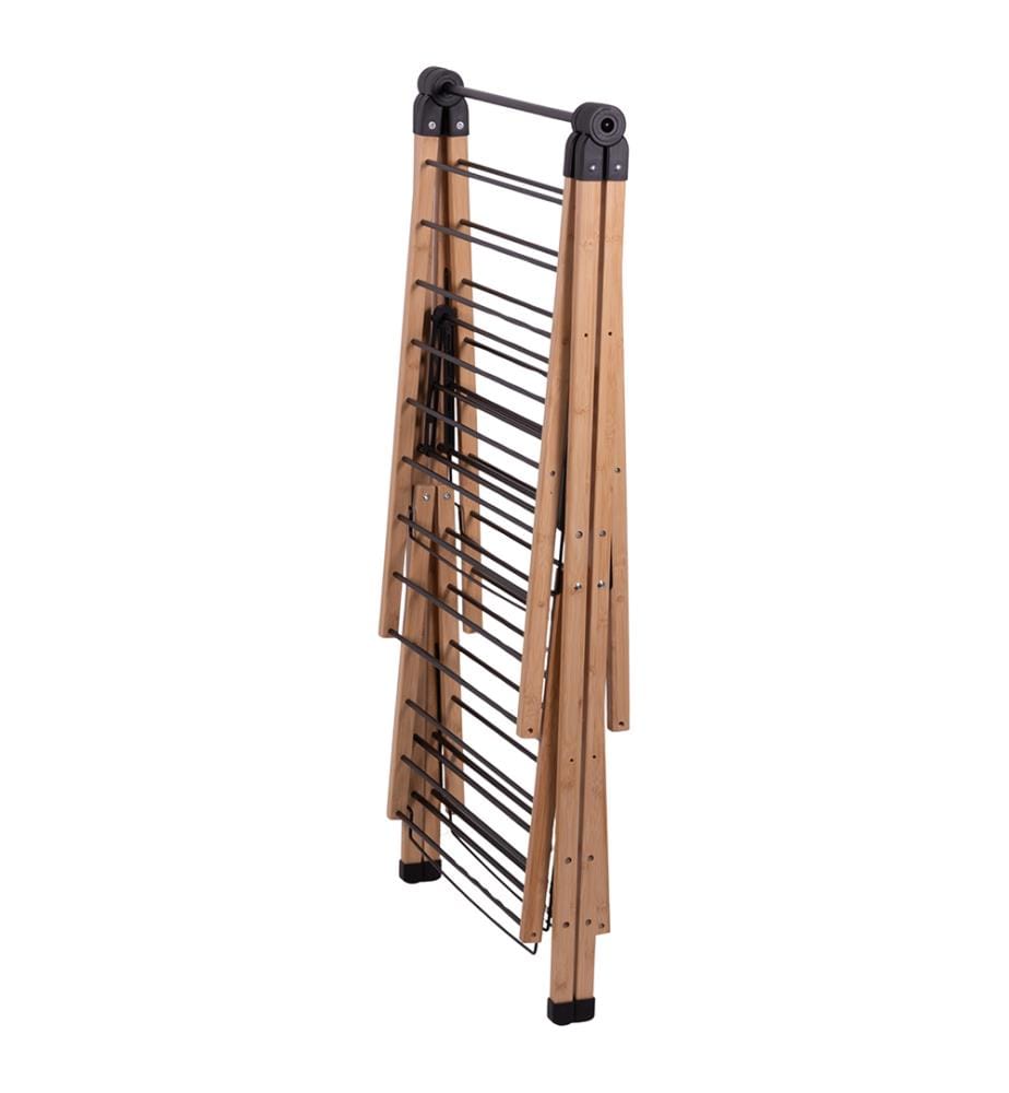 Metal Clotheshorse - Bamboo 155 x 62 x 111 cm - Black, Natural wood
