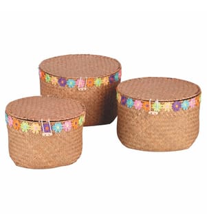 Set of 3 Natural Baskets with Lids 26/24/21 cm - Wood/Multicolored