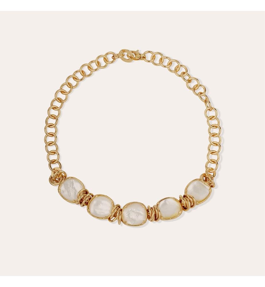 Collier « Sirena » en métal plaqué ancien et nacre - Or et blanc
