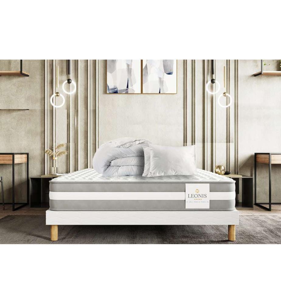Pack Leon Matratze + Lattenrost 140 x 200 + 2 Kopfkissen 60 x 40 + 1 Duvet 200 x 200 cm - Höhe 22 cm