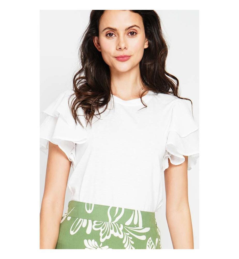 Round Neck Top with Ruffle on the Sleeves - White