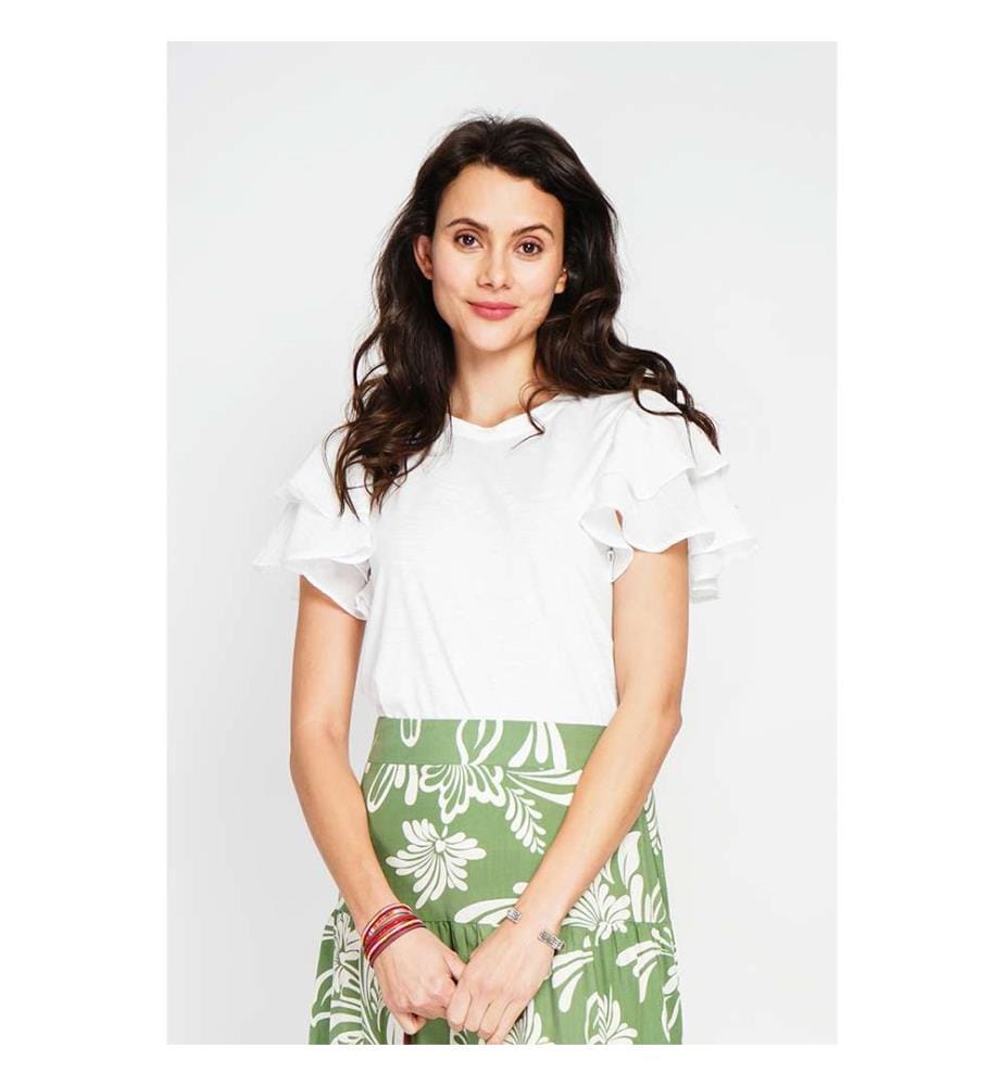 Round Neck Top with Ruffle on the Sleeves - White
