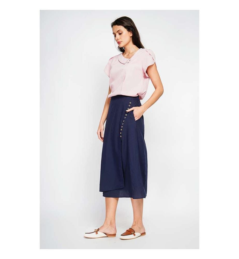 Buttoned Front Wrap Skirt with Side Pockets - Blue Navy