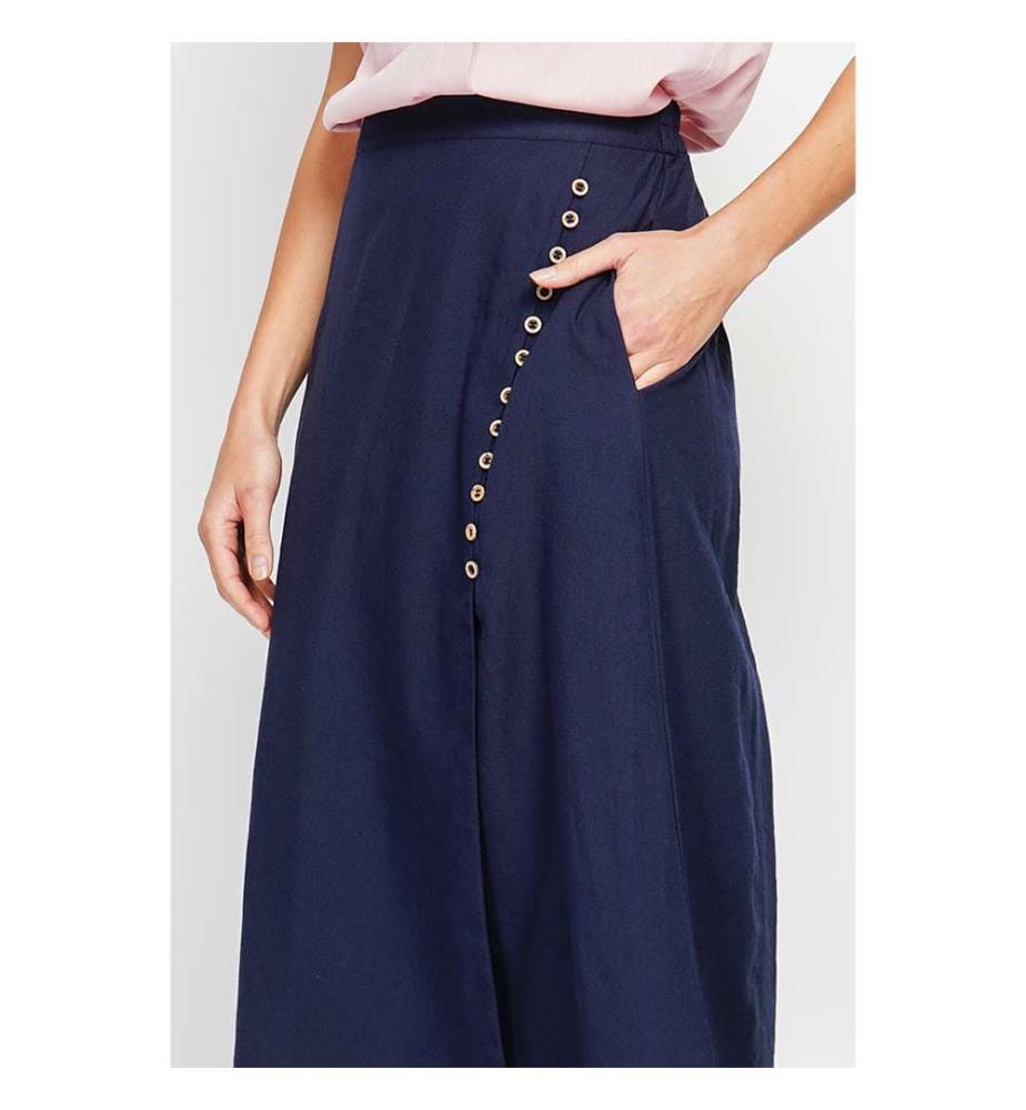 Buttoned Front Wrap Skirt with Side Pockets - Blue Navy