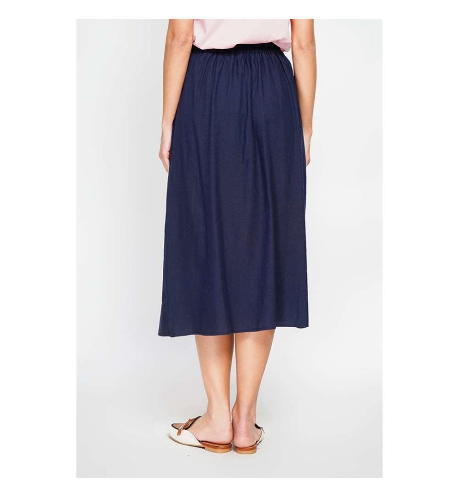 Buttoned Front Wrap Skirt with Side Pockets - Blue Navy