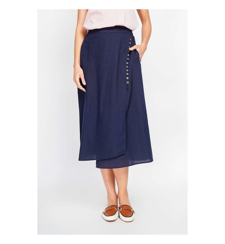 Buttoned Front Wrap Skirt with Side Pockets - Blue Navy
