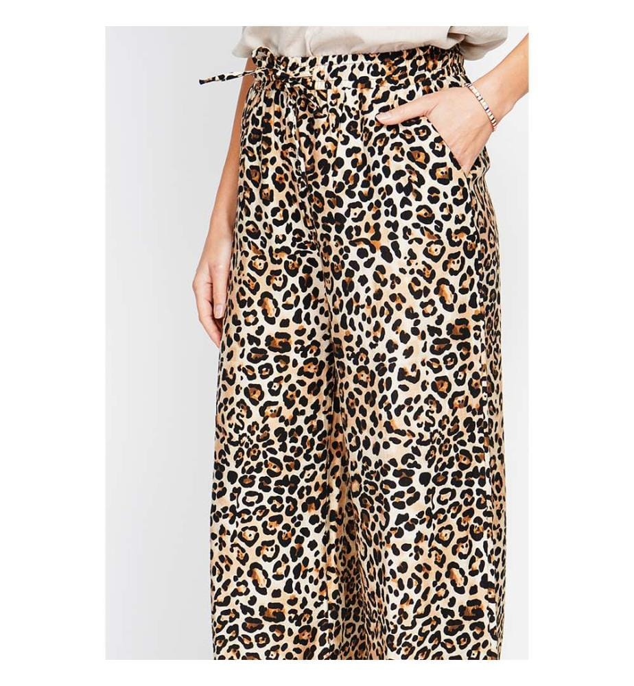 Leopard Hochtaillierte Hose mit Kordelzug und Taschen - Camel