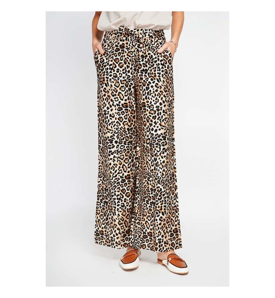 Leopard Hochtaillierte Hose mit Kordelzug und Taschen - Camel