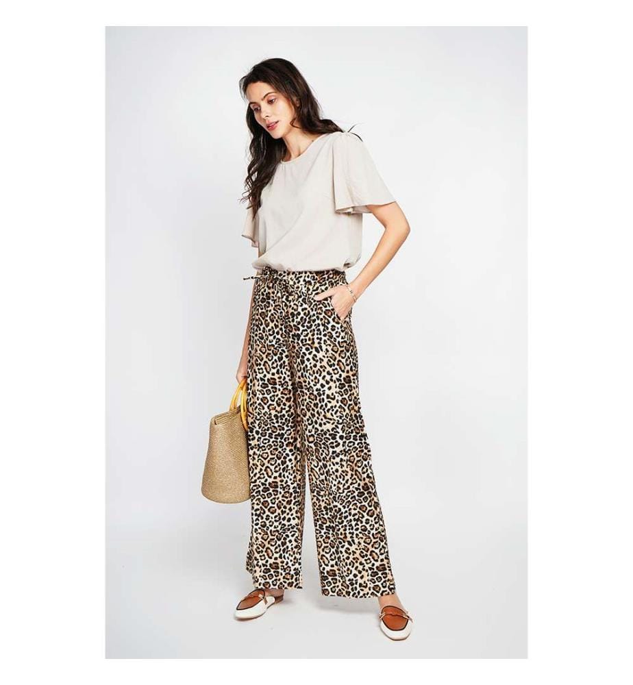 Leopard Hochtaillierte Hose mit Kordelzug und Taschen - Camel