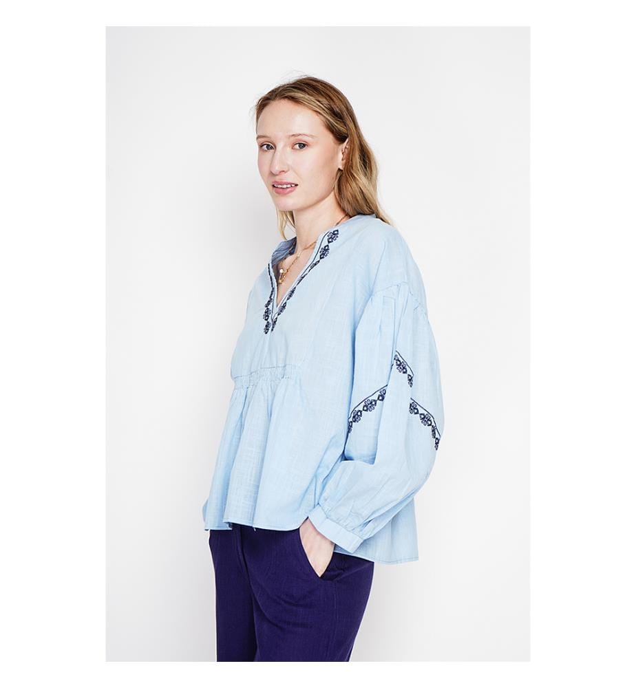 Blouse col tunisien en brodé à manches longues - Azur