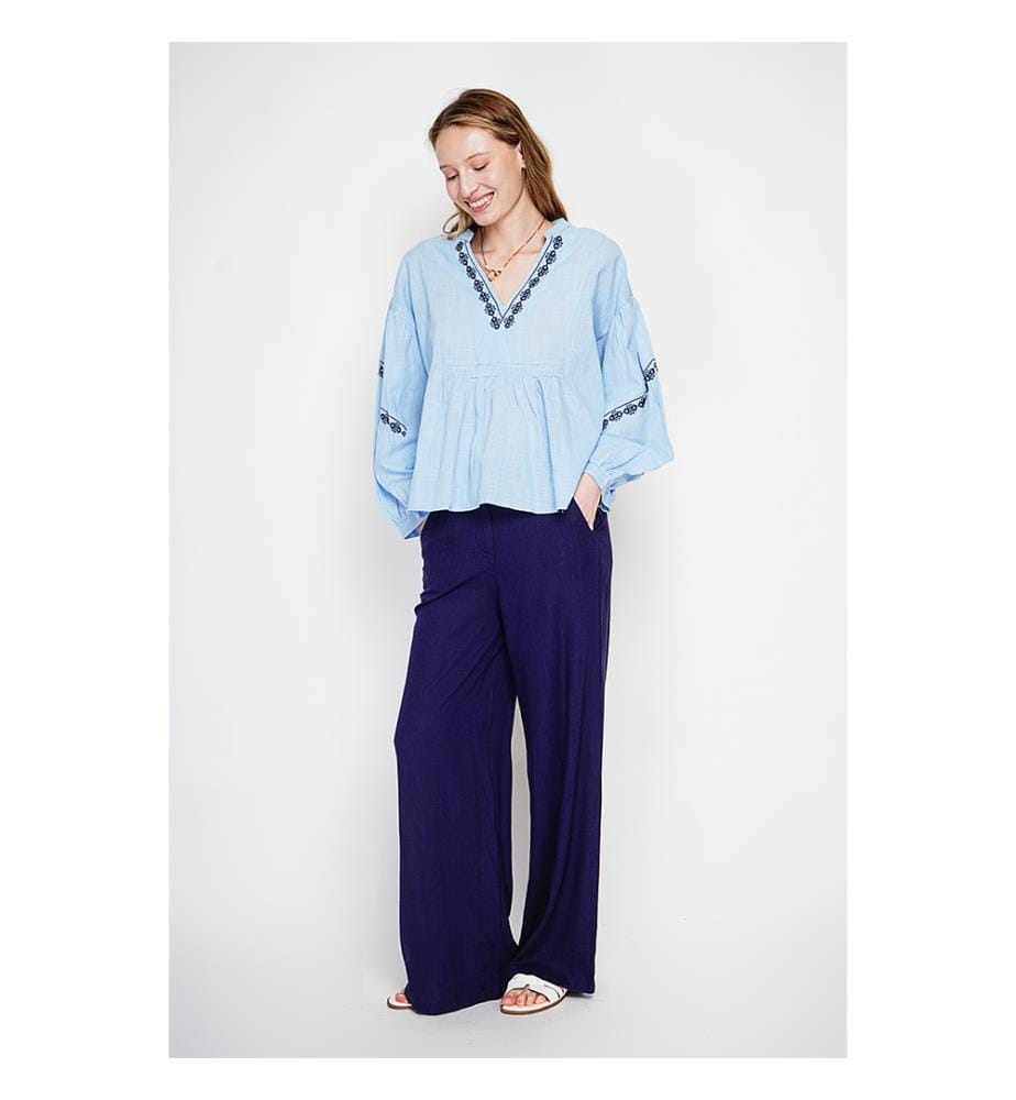 Blouse col tunisien en brodé à manches longues - Azur