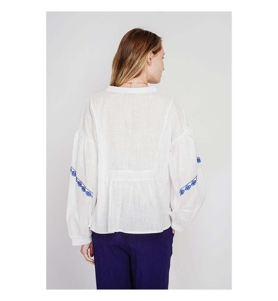 Blouse col tunisien en brodé à manches longues - Blanc