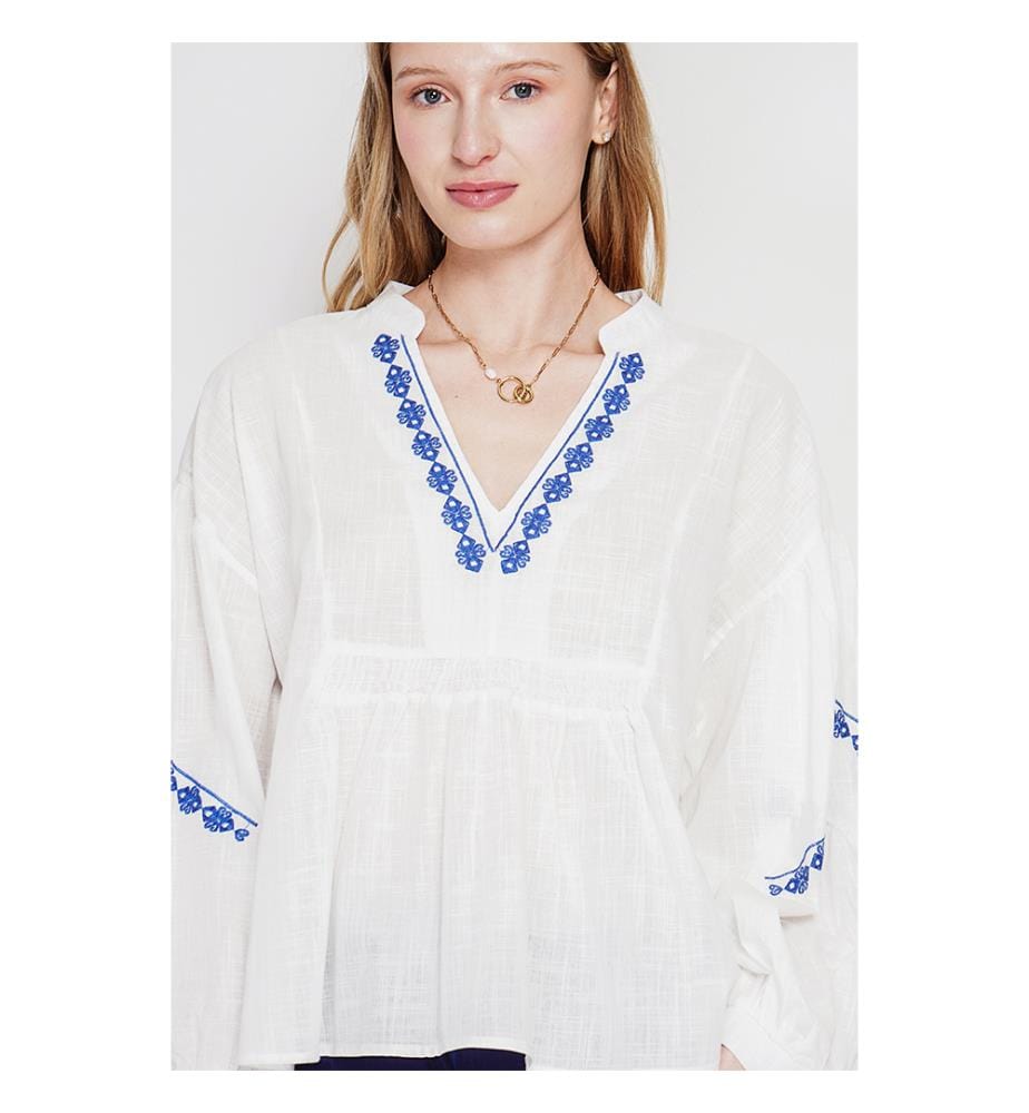 Blouse col tunisien en brodé à manches longues - Blanc